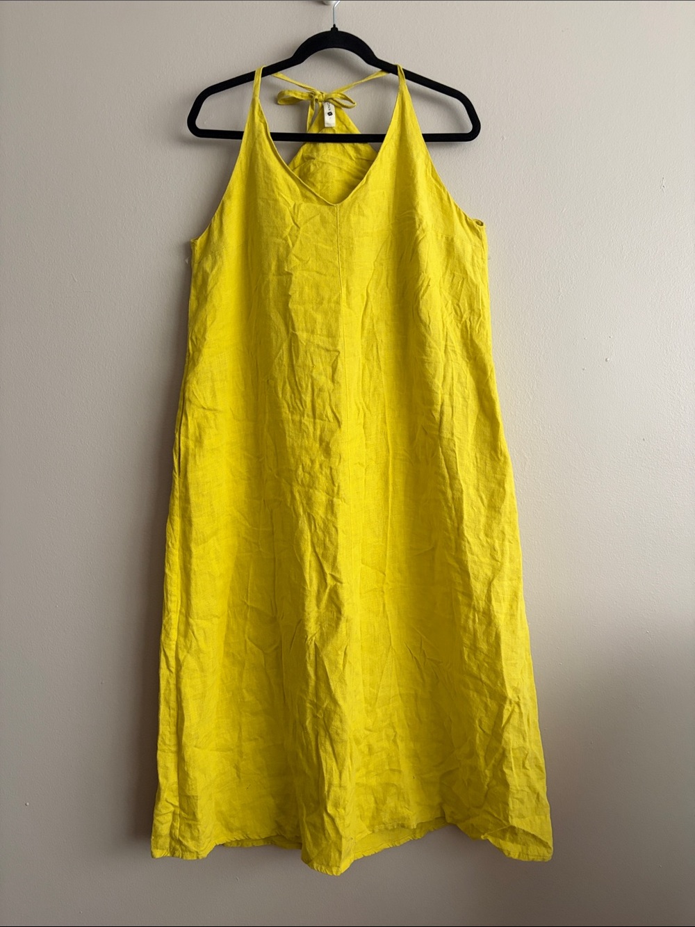 Knotium "SIERRA" Open Back Linen Midi Dress M Yellow Certified European Linen